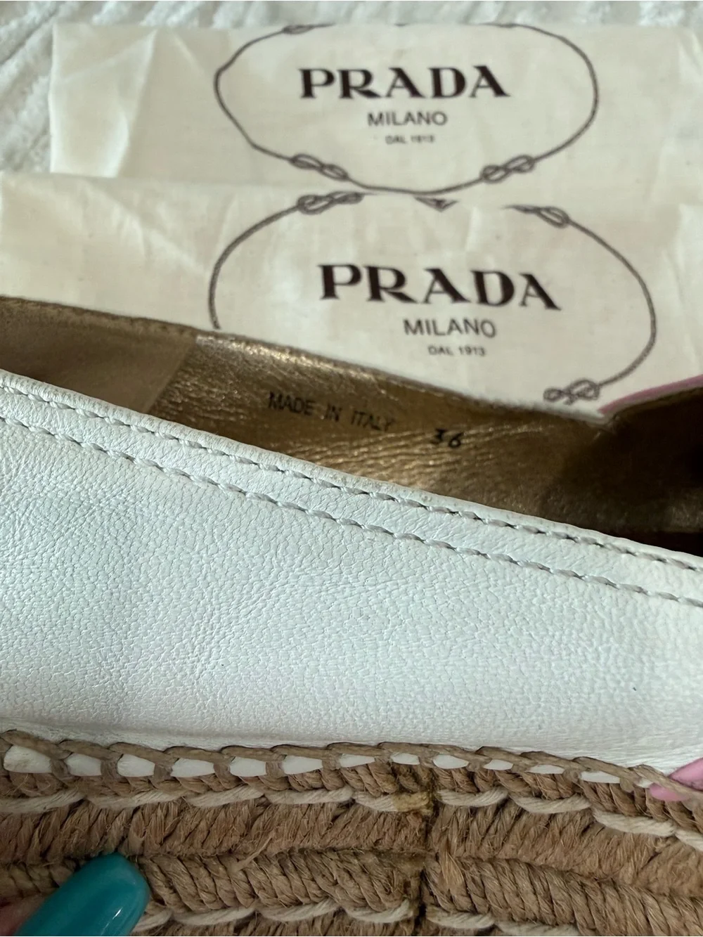 Prada Pink and White Leather Espadrille Slip-Ons